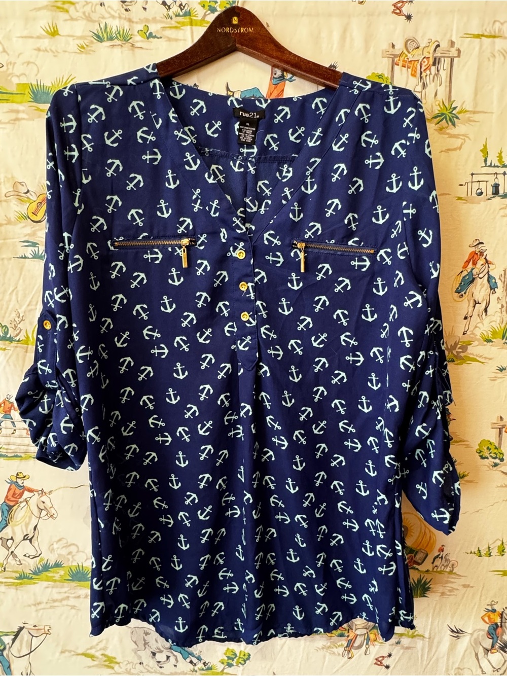 Rue21 Navy and White Anchor Print Blouse